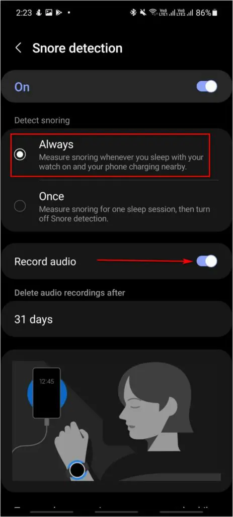 Enable Snore Detection on Galaxy Watch 4