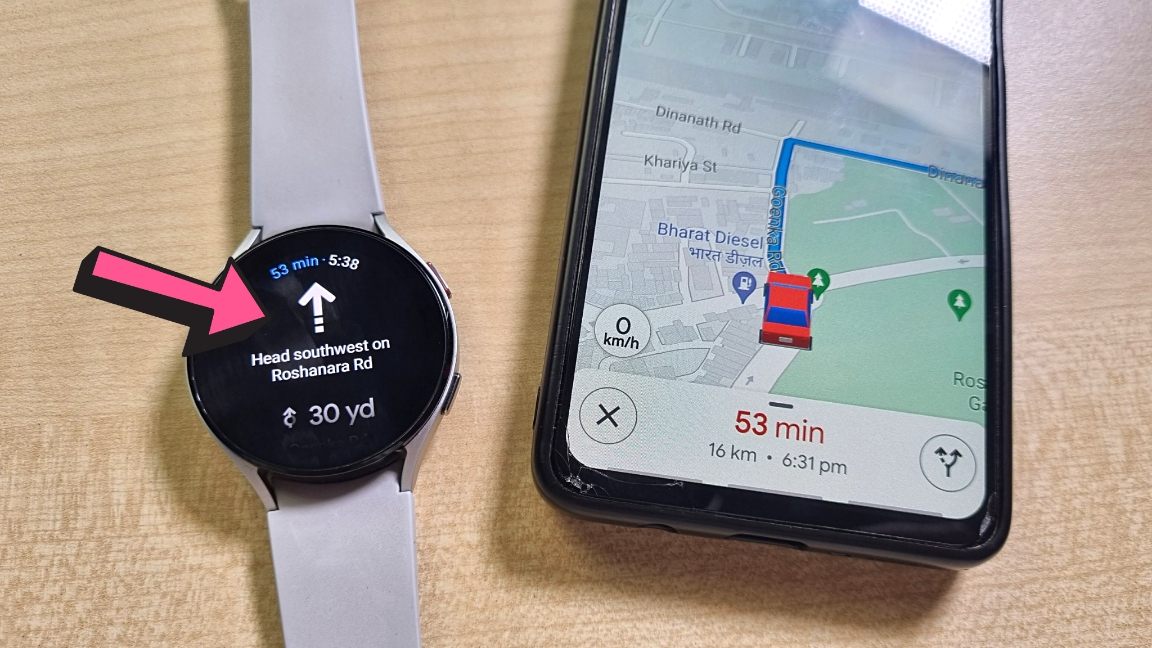 Google Maps Navigation on Wear OS Smartwatch